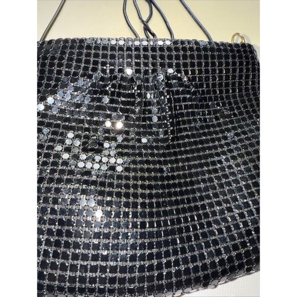 Vintage 1980s Style Black Sequin Metal Mesh Gold Accents Evening Bag - Picture 3 of 5